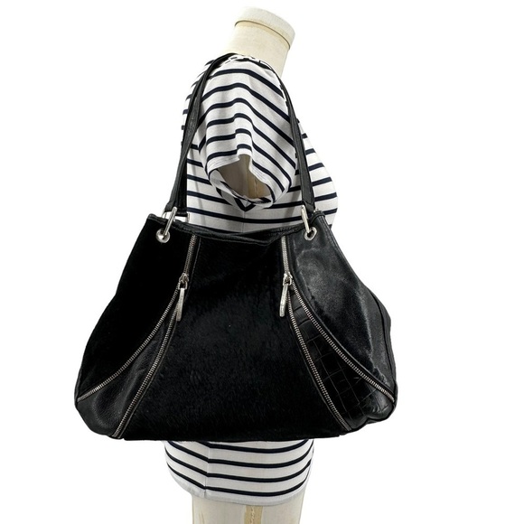 Roberta Gandolfi Black Leather & Calf Hair Hobo Bag Embossed Reptile & Zippers - Picture 4 of 10